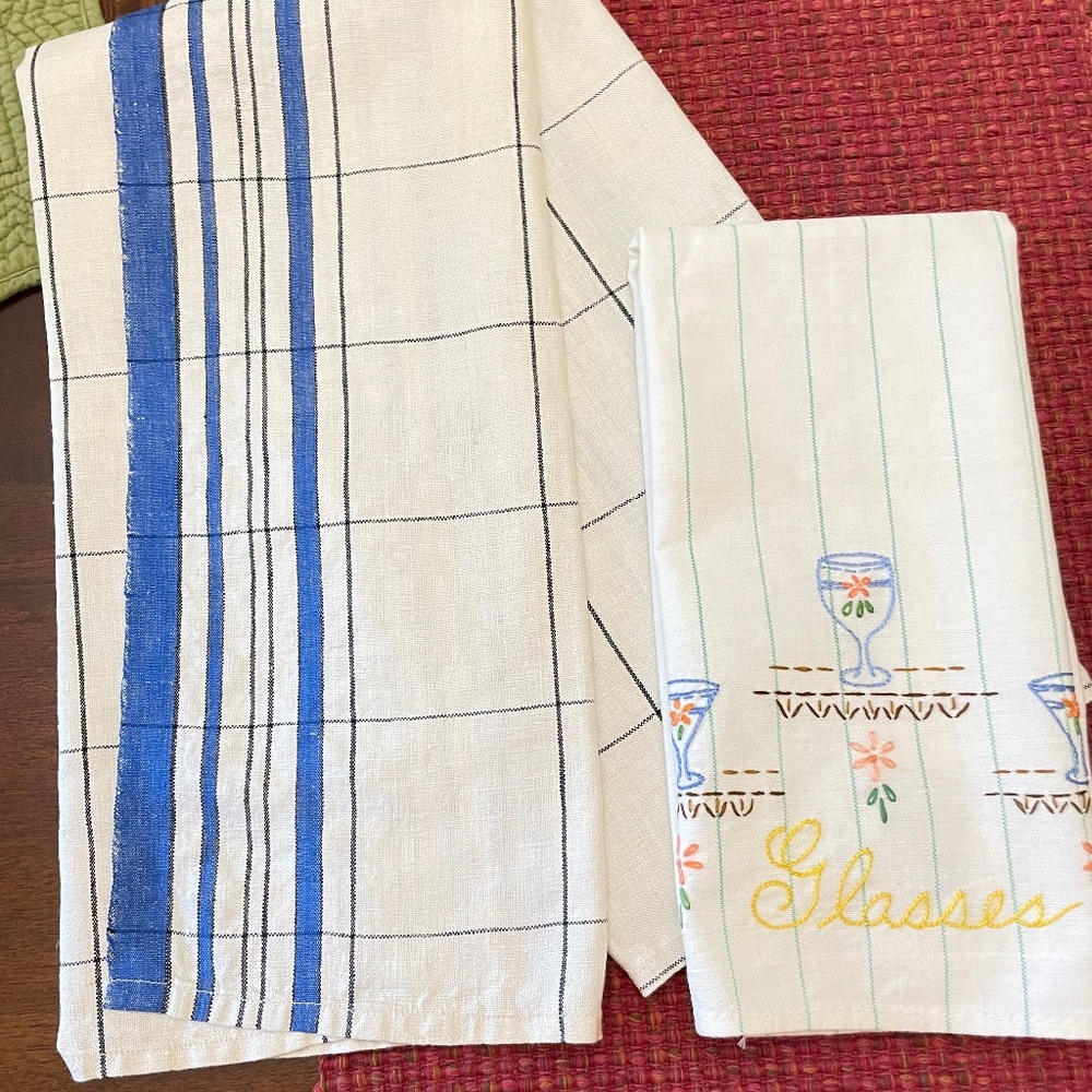 Vintage Woven Towels Blue Windowpane Embroidered Glasses - 2
